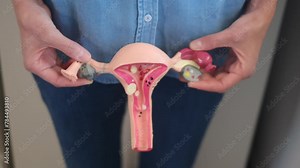 Woman with model of ovaries, uterus and cervix representing gynecology reproduction of woman uterus menstruation and assisted reproduction