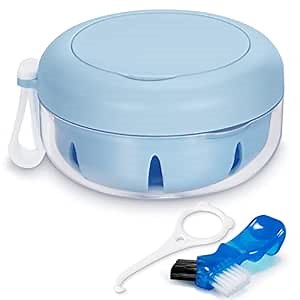 Leak Proof Denture Cup Kit Portable Retainer Case Perfect for Travel, Denture Case Container Cleaning Care for Dentures Aligner Mouth Guard with Denture Brush,Strainer, Removal Tool and Mirror