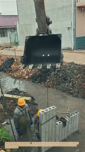 Road Construction: Excavator Lifting Concrete Slabs for River Revetment 🌾