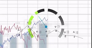 Financial data and analytics animation over fluctuating stock market graphs
