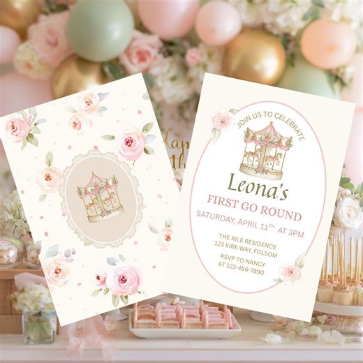 Carousel Birthday Invitation, First Go Round Birthday Invite, Pink Vintage Carousel Party, Girl 1st Birthday Invitation, Printable - Etsy