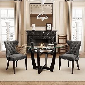 PADMA HOUSE Tempered Glass Dining Table Chair Set with 2 High-end Button-Tufted Dining Room Chairs 48" Round Kitchen Table with Glasstop and 2 Side Chairs with Nailhead Trim, Clear&Charcoal Gray