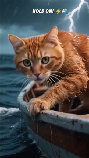 Cat sitting on a tiny wooden boat in the middle of a raging ocean storm #cat #catvideo