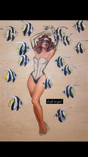 Trish Zoo Zoo Zoovy l Pinup & Burlesque Artist on Instagram: "6 little guardians left in this pinup painting 🐟 An in-progress update on Sleeping With The Fishes, my latest pinup artwork on wood panel. This holiday season has been extra extra, so it’s been a harder than usual to fine meaningful sit down art time. Her journey to self exploration is moving at a snails pace, but I’m looking forward to recharge time with loved ones, my home, my kit-cats, and my art as we head into the new year. What