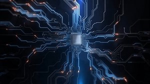 3D animation of digital chip Central Computer Processors CPU. Motherboard Technology Hud background. Integrated communication processor. Data moving Circuit Board and CPU data mining. 3D Illustration