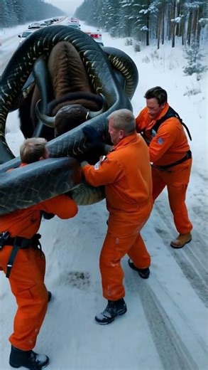 Giant Python Strangles a Bison — Rescuers Try to Pull It Off! #wildliferescue