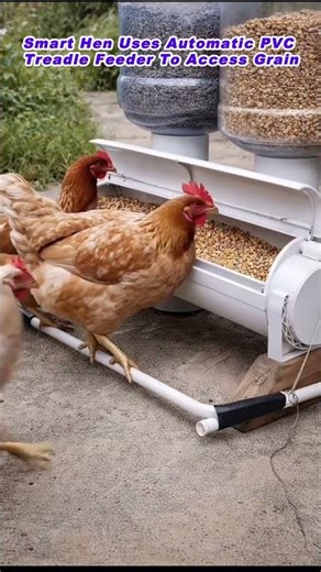 Smart Hen Uses Automatic PVC Treadle Feeder To Access Grain
