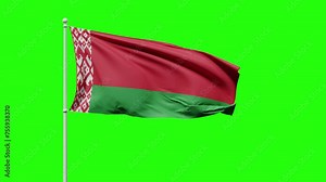 Flag of Belarus with two horizontal stripes of green and red color and traditional pattern flutters in the wind against a green screen or chroma key