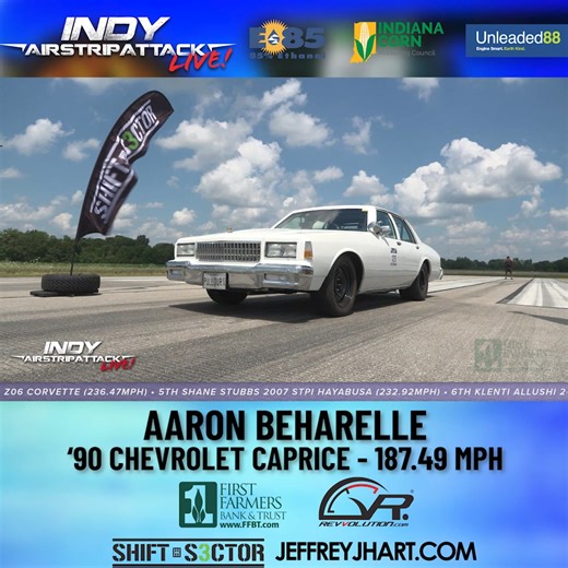 🚨 Don’t sleep on this sleeper 🚨 Aaron Beharelle’s ’90 Chevrolet Caprice blasted down the Shift-S3ctor Indy Airstrip Attack by Indiana Corn Marketing Council & First Farmers Bank and Trust at 187.49 MPH—a true mix of old-school style and big-speed attitude. 💨 Classic lines. Modern muscle. Respect earned. 🏁 #AaronBeharelle #ChevyCaprice #187MPH #SleeperStatus #IndyAirstripAttack #ShiftS3ctor #TrapSpeedSurprise #AirstripAttack2025 | Shift-S3ctor