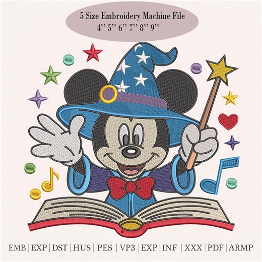 Sorcerer Mickey Embroidery Design, Wizard Mouse With Magic Hat Machine Embroidery File, Musical Magic Book Pattern, 5 Sizes, Instant Downlo - Etsy