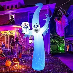 GOOSH 12 FT Halloween Inflatable Smiling Spooky Ghost Holding Skull with Magic Rotating LEDs Blow Up Inflatables for Halloween Party Indoor Outdoor Yard Garden Day of The Dead