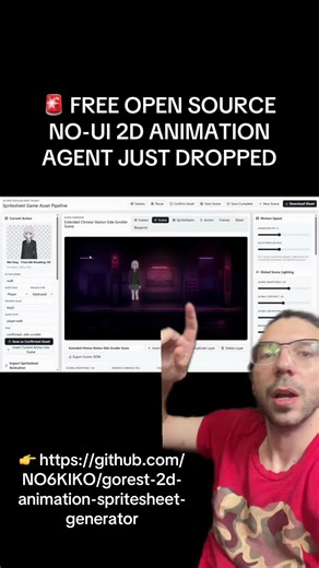 🚨 NO-UI 2D ANIMATION AGENT JUST DROPPED Gorest takes your image prompt and spits out game-ready sprites automatically places them on a scene background. Ships with: • Fully local, no video model required • Generates spritesheets from image text prompt • Auto-composites sprites onto scene backgrounds • No UI — pure agent workflow • 100% open source This is how fast 2D game prototyping is about to get. 👉 https://github.com/NO6KIKO/gorest-2d-animation-spritesheet-generator Who’s prototyping 2D ga