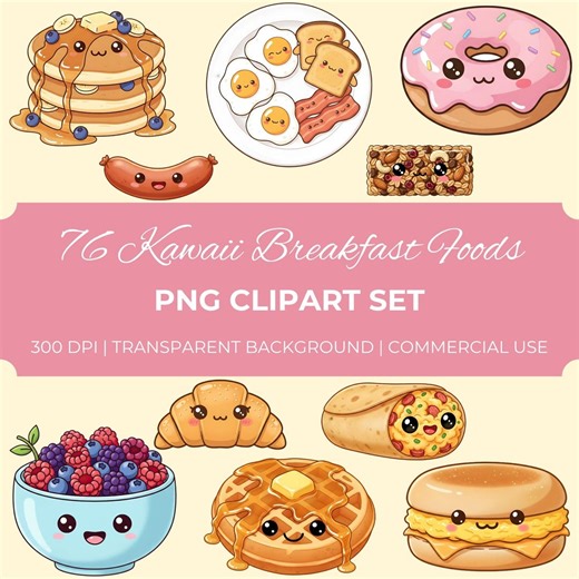 76 Kawaii Breakfast Clipart, Cute Food Character PNG Bundle, 76 Breakfast Characters Graphic Set, Kawaii Food Clip Art, Planner Stickers - Etsy