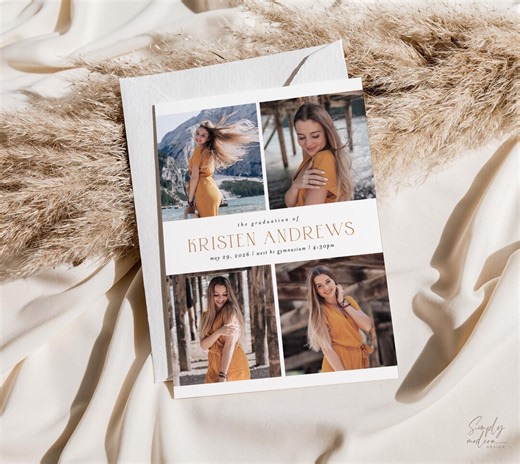 Four Photo Collage Graduation Ceremony Invitation, Editable Template, Senior Announcement, Multi-Photo Card