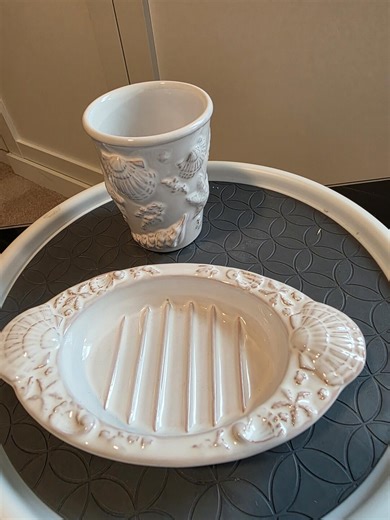 Portugal Ceramic Bathroom Set – Coastal Seashell Soap Dish & Tumbler – Beach House Decor