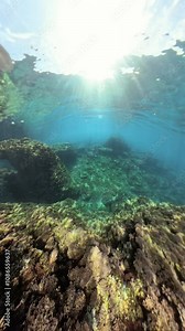 Vertical video. The camera ascends along a rocky underwater cliff from the depths, capturing sunlight filtering through the water’s surface and illuminating the rugged rock formations below