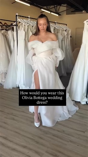 Which option did you choose? ✨ You can have all of them with this magical gown! Video by: @magnoliabridalmi #OliviaBottega #WeddingDress #Bridal #BrideToBe #BridalInspiration #ModernBride #ALineWeddingDress #OffShoulderWeddingDress #LongSleeveWeddingDress #legslitdress | Olivia Bottega Dresses