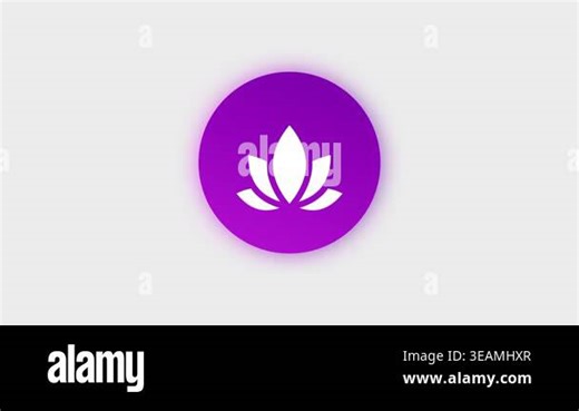 A deep purple circular icon button featuring a white lotus flower symbol centered inside representing mindfulness meditation and wellness themes Stock Video Footage - Alamy