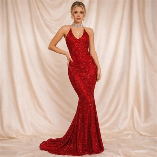 Red Sequin Evening Dress | Mermaid Prom Dress | Halter Neck Formal Gown | Elegant Long Party Dress | Wedding Guest Evening Dress - Etsy