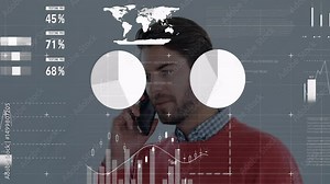 Man receiving phone call and analyzing business data with animated pie charts, bar graphs, map