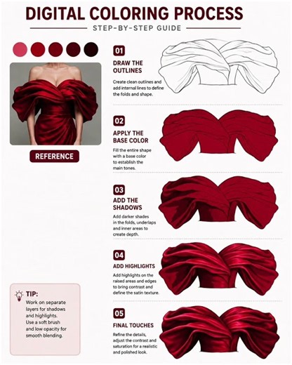 How to Create a Red Satin Dress | Digital Coloring Step-by-Step
