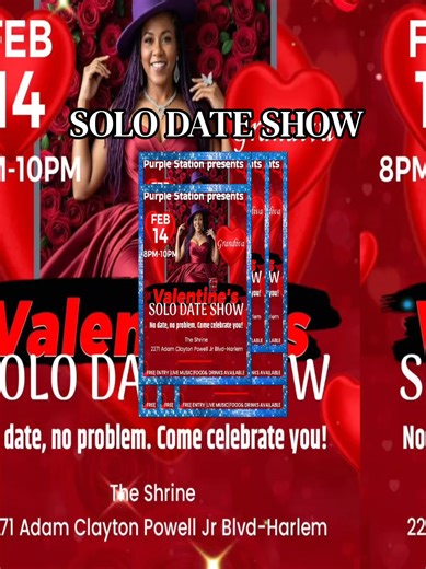 If you don't have a date for Valentine's Day come on down to Harlem and be or special guest. PURPLE STATION BAND will be having a Solo Date Show at The Shrine on February 14,2026 from 8p-10p. No date, no problem. This isn't a Speed Dating event. It's a Self Love Concert. You don't need a date to have a great time. #solodateideas #purplestationmusicband #music