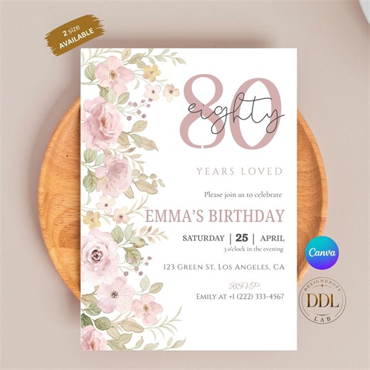 80th Birthday Invitation, 80 Years Celebration Party Invite, Canva Editable Template, Elegant Floral Invite, Printable Digital Download - Etsy
