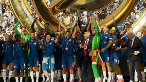 President Trump stays on stage during Chelsea's FIFA Club World Cup trophy lift