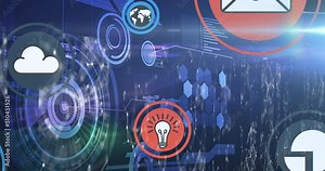 Animation of interface with cloud and data sharing icons over data processing Stock Video