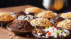 Various bowls of different types and sizes are filled with various ingredients Stock Video