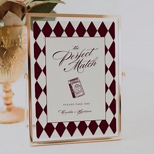 Matchbox Wedding Sign | the Perfect Match Favor Sign | Burgundy Old Money Reception Template | Printable Retro Diamond Pattern Signage | C29 - Etsy Canada