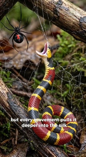 Black Widow Wraps a Venomous Coral Snake in Seconds 😱 #wildlife #spider #snake