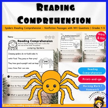 Spiders Reading Comprehension – Nonfiction Passages with WH Questions | 1st-3rd