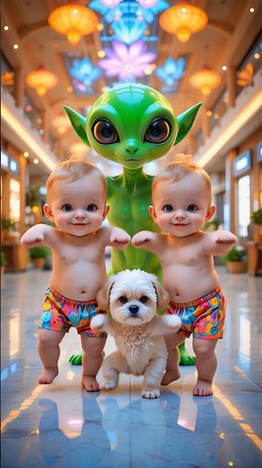 Twin babies dancing in mall with puppy and Alien 💖🐸 #babydance #shortsboostwave #nextlevelshorts #yt