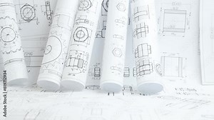 paper engineering drawings of industrial parts and mechanisms