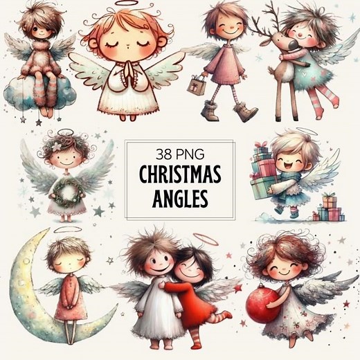 Watercolor Christmas Angel Clipart: 38 PNG Holiday Graphics (Digital Download)