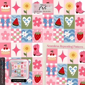 Y2K Girly Cowgirl Patchwork Quilt Seamless Pattern, Coquette Scandinavian Folk Retro Strawberry Cherry Boho Floral Digital Paper Commercial - Etsy