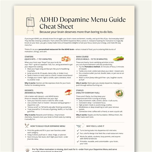 ADHD Dopamine Menu Cheat Sheet, Dopamine Reward System Chart, Motivation and Focus Guide Printable - Etsy