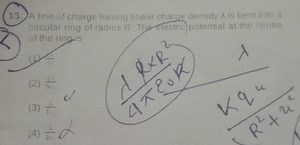 A line of charge having linear charge density A is bent into a... | Filo