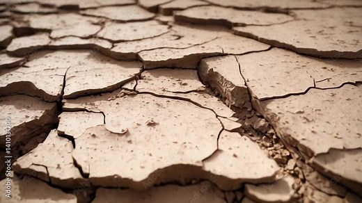Close-up video of cracked clay soil showing peeling surface texture and fissures, exposing layers of dried earth.