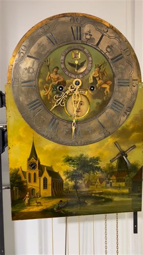 18th century Dutch automata longcase clock with windmill moonphase age of the moon date second time on a church spire and fisherman. Just beautiful to see running. #automata #dutchclock #antiquedutch #clockmaking #clockmaking #antiqueclock | Master Clockmakers