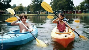 Children kayaking on a lake at summer camp, paddling together with joy and energy – teamwork, friendship and outdoor adventure