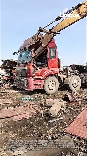 Wrecked truck demolition: powerful excavator in action!