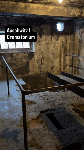 A crematorium at the Auschwitz I site. One reconstructed furnace and the remains of the third one. The metal cart was used to insert corpses into the furnace. Watch a short video about the first crematorium and gas chamber at Auschwitz: https://youtu.be/wZmBSRVYLoE Crematorium I operated from August 1940 in a prewar storage building adapted for its new function. The largest room was turned into a morgue, which was later adapted into a provisional gas chamber. Finally, there were three furnaces f
