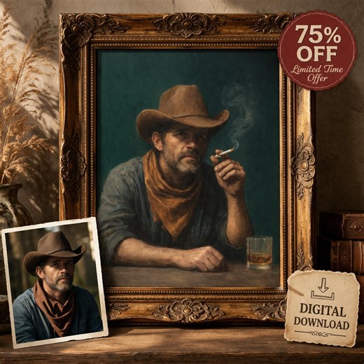 Custom Cowboy Portrait From Photo, Western Man Oil Painting Style, Personalized Bar Scene Art, Rugged Whiskey Character Wall Decor - Etsy