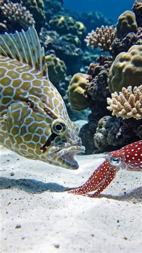 Honeycomb Filefish vs. Red-Spotted Squid – Spotted Hunter Strikes! #shorts