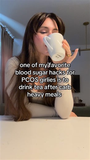 Sarah Hart | PCOS life + tips on Instagram: "One of my favorite hacks for my PCOS girlies who struggle with insulin resistance is to drink tea after carb heavy meals!! Teas like green tea and black tea have been shown to reduce blood sugar spikes from eating. One downside is that a lot of green tea and black tea have caffine so I do not recommend drinking these after dinner! I like to have decaf whenever I can OR swap them for chamomile when it’s later #pcos #pcosdiet #pcosawareness #pcosproblem