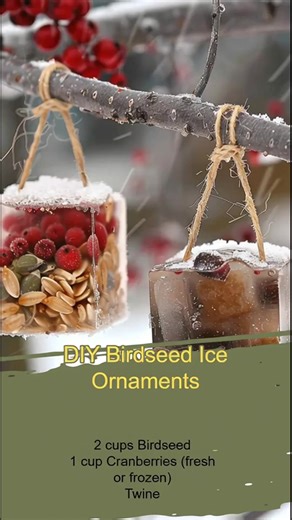 Brighten up your winter garden with these delightful DIY Birdseed Ice Ornaments! Perfect for feeding your feathered friends. ❄️🐦✨ Ingredients: - 2 cups Birdseed - 1 cup Cranberries (fresh or frozen) - Twine - Water Directions: 1. Gather all your supplies—it's time to get crafty! 2. Take a large silicone ice cube tray and fill each compartment with birdseed, striking a balance between 2/3 and 3/4 full. 3. Sprinkle in cranberries as your heart desires for an extra splash of color! 4. Cut 12-inch