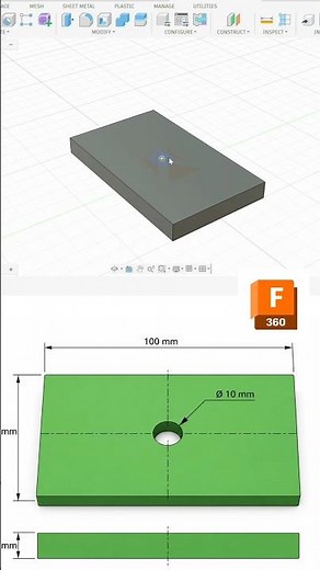 Fusion 360 Quick Tutorial | Simple Plate Design with Hole #Shorts #fusion #tutorial #3dmodeling
