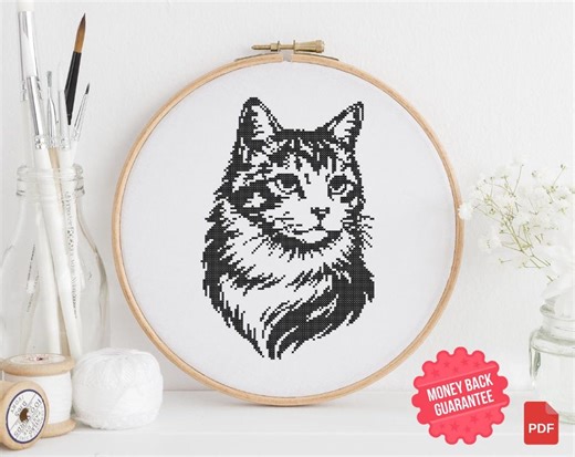 Monochrome Cat Portrait Cross Stitch Pattern PDF | Black and White Cat - Etsy Canada